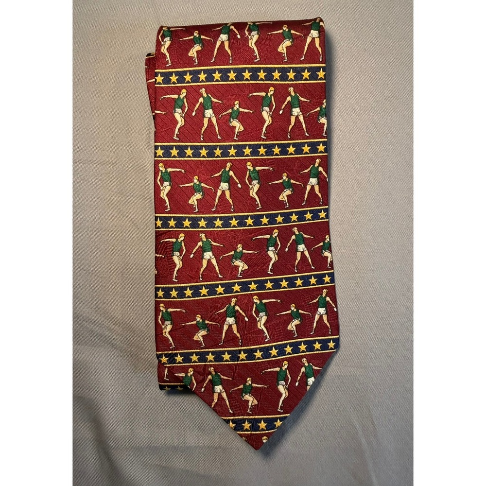 Tommy Hilfiger Mens Silk Tie Burgundy Olympic Discus Thrower Stars Novelty USA
